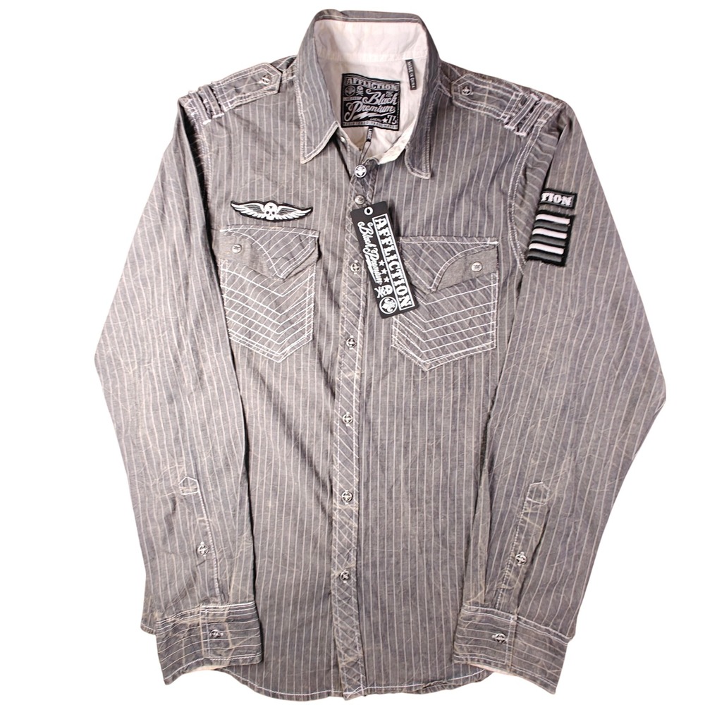 Affliction‎ Black Premium Undercover LS Button Shirt Gray Pinstripe Skull Mens L